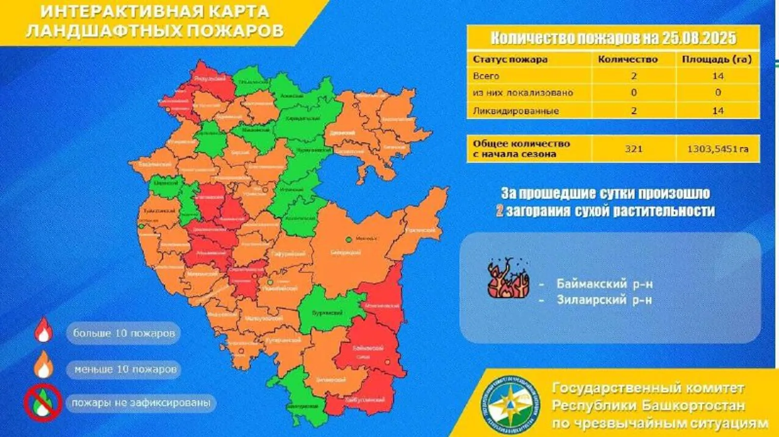 В Башкирии ликвидировали лесной пожар и два загорания сухой травы